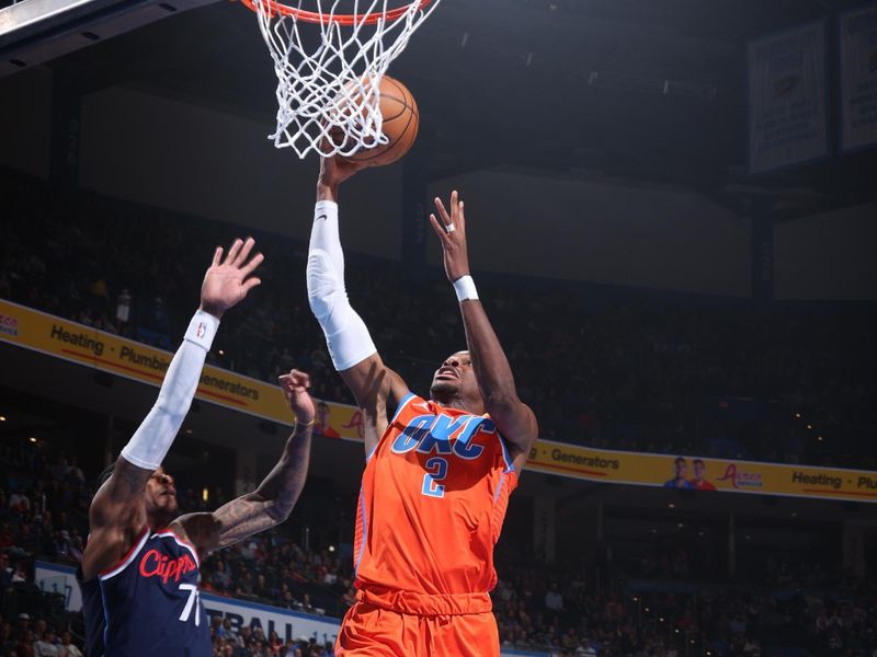 OKLAHOMA CITY, OK - NOVEMBER 11: Shai Gilgeous-Alexander #2 of the Oklahoma City Thunder drives to the basket during the game against the LA Clippers on November 11, 2024 at Paycom Center in Oklahoma City, Oklahoma. NOTE TO USER: User expressly acknowledges and agrees that, by downloading and or using this photograph, User is consenting to the terms and conditions of the Getty Images License Agreement. Mandatory Copyright Notice: Copyright 2024 NBAE (Photo by Nathaniel S. Butler/NBAE via Getty Images)