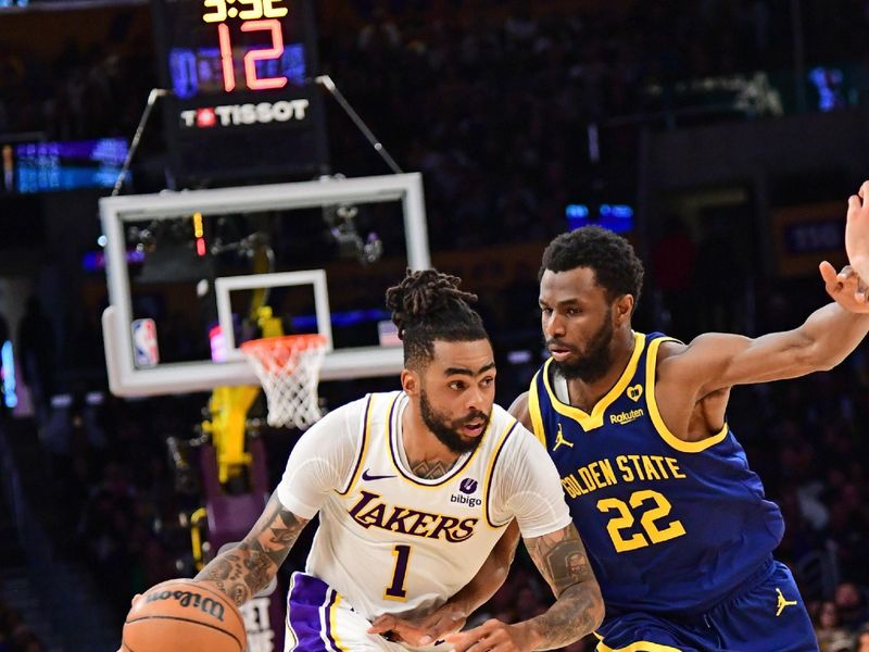 LOS ANGELES, CA - MACH 16: D'Angelo Russell #1 of the Los Angeles Lakers dribbles the ball during the game against the Golden State Warriors on March 16, 2024 at Crypto.Com Arena in Los Angeles, California. NOTE TO USER: User expressly acknowledges and agrees that, by downloading and/or using this Photograph, user is consenting to the terms and conditions of the Getty Images License Agreement. Mandatory Copyright Notice: Copyright 2024 NBAE (Photo by Adam Pantozzi/NBAE via Getty Images)