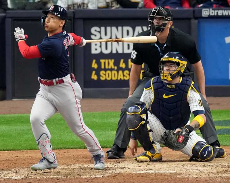 Apr 23, 2023; Boston Red Sox left fielder Masataka Yoshida (7) hits a grand slam home run during the eighth inning of their game against the Milwaukee Brewers at American Family Field. Mandatory Credit: Mark Hoffman-USA TODAY Sports