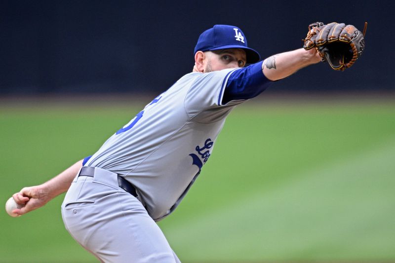 May 11, 2024; San Diego, California, USA; Los Angeles Dodgers starting pitcher James Paxton (65) throws a pitch against the San Diego Padres during the first inning at Petco Park. Mandatory Credit: Orlando Ramirez-USA TODAY Sports