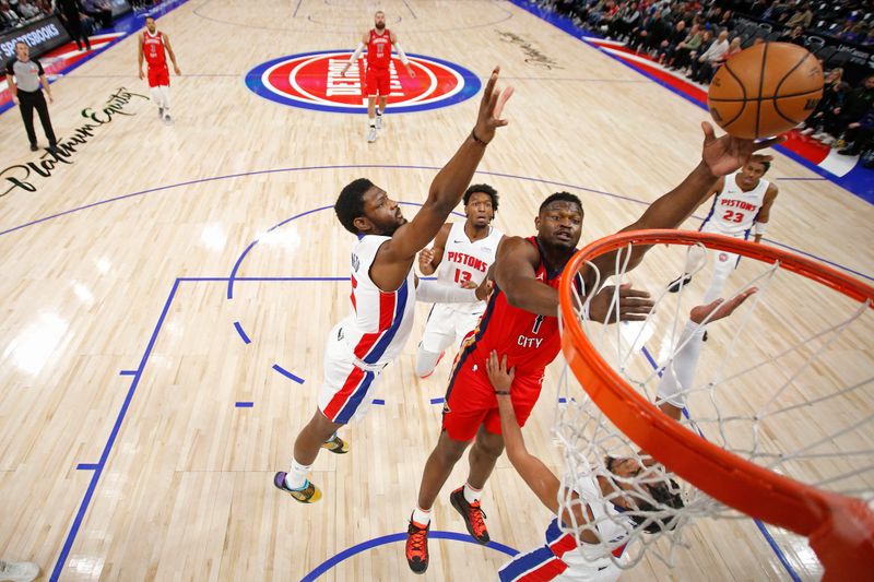 DETROIT, MI - MARCH 24: Zion Williamson #1 of the New Orleans Pelicans shoots the ball during the game against the Detroit Pistons on March 24, 2024 at Little Caesars Arena in Detroit, Michigan. NOTE TO USER: User expressly acknowledges and agrees that, by downloading and/or using this photograph, User is consenting to the terms and conditions of the Getty Images License Agreement. Mandatory Copyright Notice: Copyright 2024 NBAE (Photo by Brian Sevald/NBAE via Getty Images)