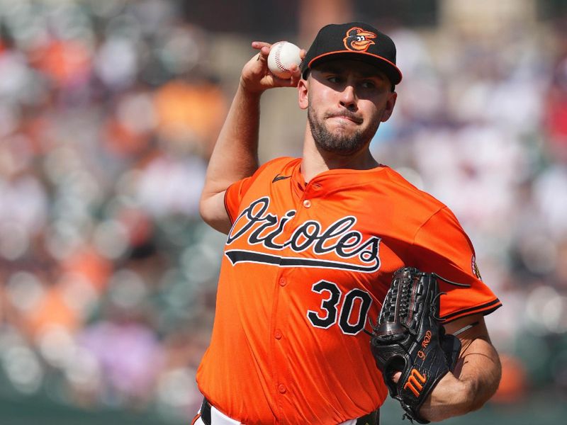 Jul 13, 2024; Baltimore, Maryland, USA; Baltimore Orioles pitcher Grayson Rodriguez (30) delivers in the first inning against the New York Yankees at Oriole Park at Camden Yards. Mandatory Credit: Mitch Stringer-USA TODAY Sports