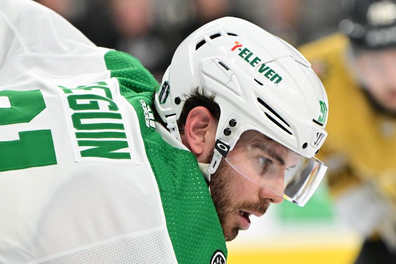 Apr 27, 2024; Las Vegas, Nevada, USA; Dallas Stars center Tyler Seguin (91) prepares for a face-off against the Vegas Golden Knights in the first period in game three of the first round of the 2024 Stanley Cup Playoffs at T-Mobile Arena. Mandatory Credit: Candice Ward-USA TODAY Sports