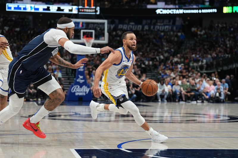 DALLAS, TX - APRIL 5: Stephen Curry #30 of the Golden State Warriors drives to the basket during the game against the Dallas Mavericks on April 5, 2024 at the American Airlines Center in Dallas, Texas. NOTE TO USER: User expressly acknowledges and agrees that, by downloading and or using this photograph, User is consenting to the terms and conditions of the Getty Images License Agreement. Mandatory Copyright Notice: Copyright 2024 NBAE (Photo by Glenn James/NBAE via Getty Images)