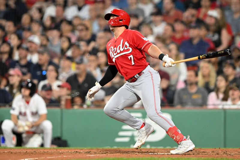 May 31, 2023; Boston, Massachusetts, USA; Cincinnati Reds third baseman Spencer Steer (7) hits a two-run home run against the Boston Red Sox during the seventh inning at Fenway Park. Mandatory Credit: Brian Fluharty-USA TODAY Sports