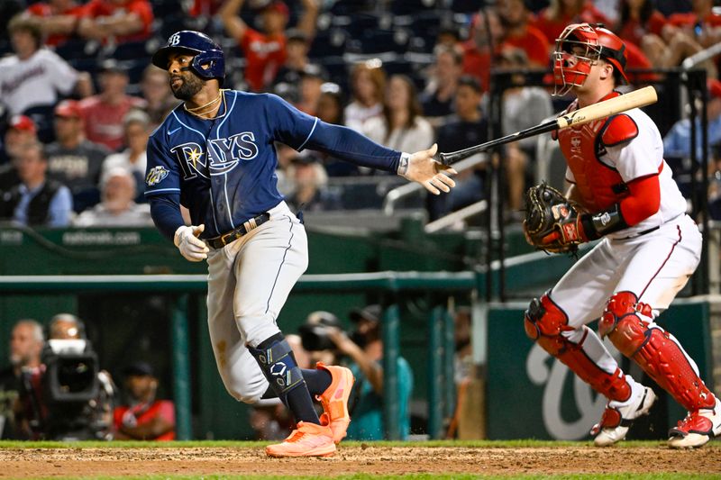 Apr 4, 2023; Washington, District of Columbia, USA; Tampa Bay Rays first baseman Yandy Diaz (2) hits a three run home run against the Washington Nationals during the ninth inning at Nationals Park. Mandatory Credit: Brad Mills-USA TODAY Sports