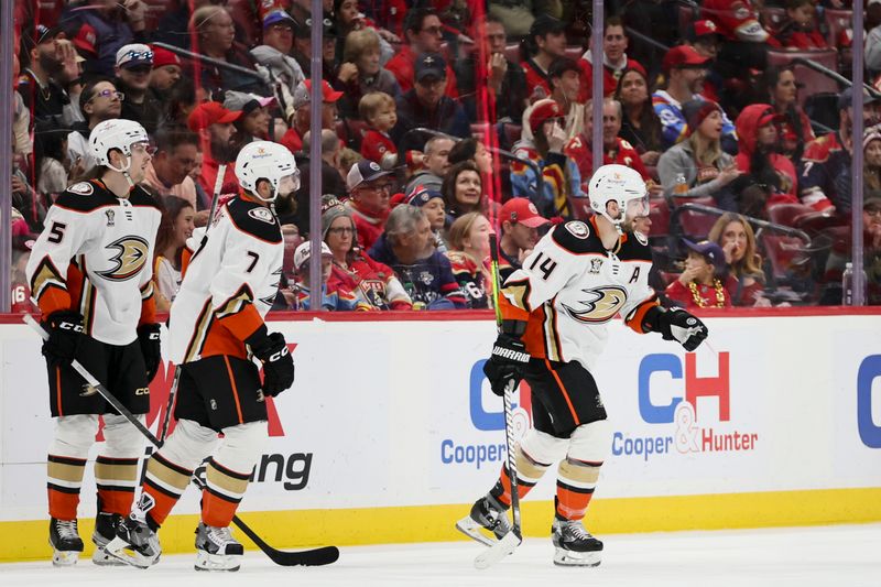 Jan 15, 2024; Sunrise, Florida, USA; Anaheim Ducks center Adam Henrique (14) celebrates after scoring against the Florida Panthers during the second period at Amerant Bank Arena. Mandatory Credit: Sam Navarro-USA TODAY Sports