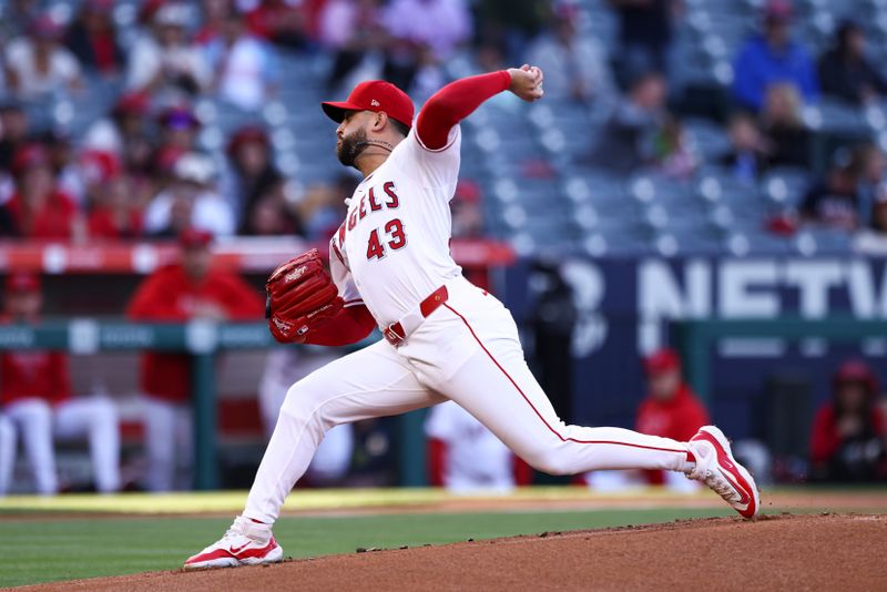 May 24, 2024; Anaheim, California, USA; Los Angeles Angels pitcher Patrick Sandoval (43) throws against a Cleveland Guardians batter during first inning of a game at Angel Stadium. Mandatory Credit: Jessica Alcheh-USA TODAY Sports