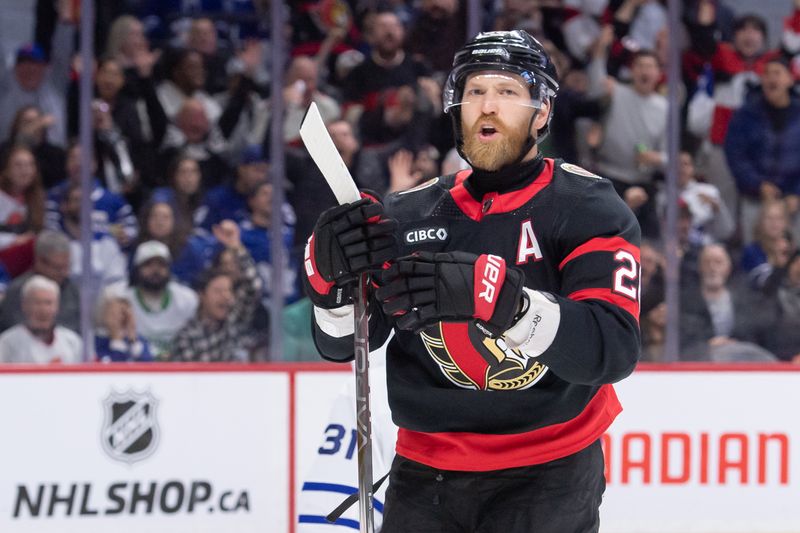 Feb 10, 2024; Ottawa, Ontario, CAN; Ottawa Senators right wing Claude Giroux (28) celebrates his goal scored in the first period  against the Toronto Maple Leafs at the Canadian Tire Centre. Mandatory Credit: Marc DesRosiers-USA TODAY Sports