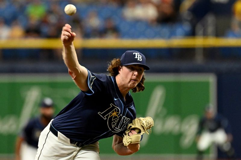 Jun 26, 2024; St. Petersburg, Florida, USA; Tampa Bay Rays starting pitcher Ryan Pepiot (44) throws against the Seattle Mariners in the first inning at Tropicana Field. Mandatory Credit: Jonathan Dyer-USA TODAY Sports