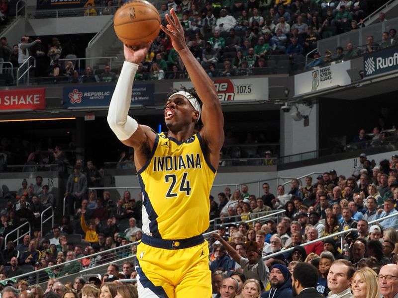 INDIANAPOLIS, IN - FEBRUARY 23: Buddy Hield #24 of the Indiana Pacers shoots a three point basket during the game against the Boston Celtics on February 23, 2023 at Gainbridge Fieldhouse in Indianapolis, Indiana. NOTE TO USER: User expressly acknowledges and agrees that, by downloading and or using this Photograph, user is consenting to the terms and conditions of the Getty Images License Agreement. Mandatory Copyright Notice: Copyright 2023 NBAE (Photo by Ron Hoskins/NBAE via Getty Images)