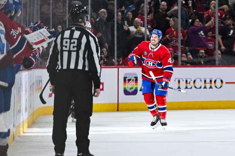 Jan 15, 2024; Montreal, Quebec, CAN; Montreal Canadiens left wing Rafael Harvey-Pinard (49) skates back to his bench after his goal against the Colorado Avalanche during the second period at Bell Centre. Mandatory Credit: David Kirouac-USA TODAY Sports