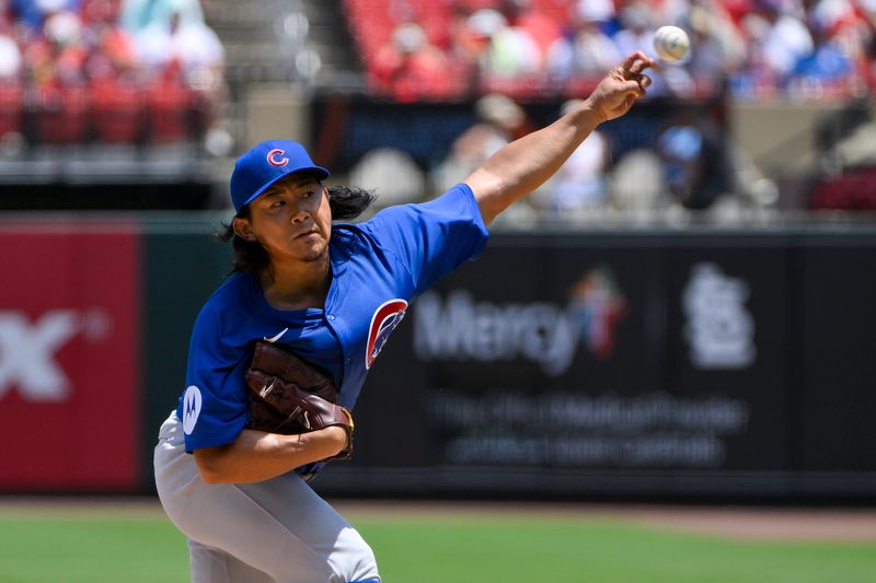 Jun 26, 2025; St. Louis, Missouri, USA;  Chicago Cubs starting pitcher Shota Imanaga (18) pitches against the St. Louis Cardinals during the first inning at Busch Stadium. Mandatory Credit: Jeff Curry-Imagn Images