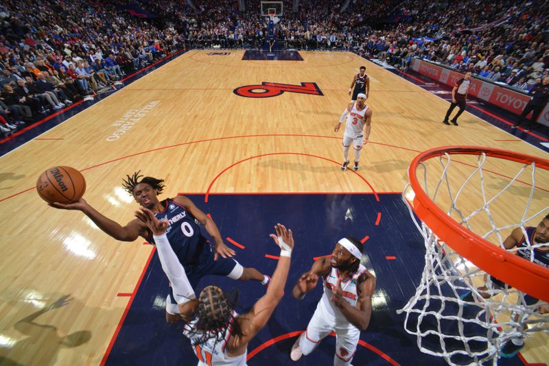 PHILADELPHIA, PA - FEBRUARY 22: Tyrese Maxey #0 of the Philadelphia 76ers drives to the basket during the game against the New York Knicks on February 22, 2024 at the Wells Fargo Center in Philadelphia, Pennsylvania NOTE TO USER: User expressly acknowledges and agrees that, by downloading and/or using this Photograph, user is consenting to the terms and conditions of the Getty Images License Agreement. Mandatory Copyright Notice: Copyright 2024 NBAE (Photo by Jesse D. Garrabrant/NBAE via Getty Images)
