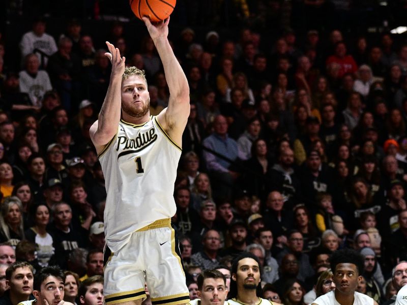 Mar 10, 2024; West Lafayette, Indiana, USA; Purdue Boilermakers forward Caleb Furst (1) shoots the ball during the second half against the Wisconsin Badgers at Mackey Arena. Mandatory Credit: Marc Lebryk-USA TODAY Sports