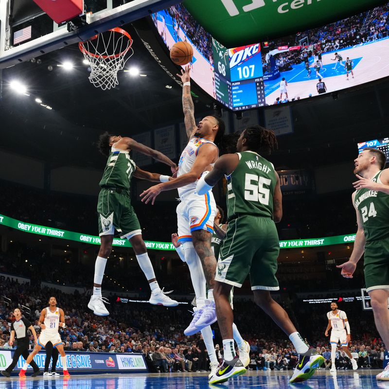 OKLAHOMA CITY, OK - FEBRUARY 3:  Jaylin Williams #6 of the Oklahoma City Thunder drives to the basket during the game against the Milwaukee Bucks  on February 3, 2025 at Paycom Center in Oklahoma City, Oklahoma. NOTE TO USER: User expressly acknowledges and agrees that, by downloading and or using this photograph, User is consenting to the terms and conditions of the Getty Images License Agreement. Mandatory Copyright Notice: Copyright 2025 NBAE (Photo by Cooper Neill/NBAE via Getty Images)