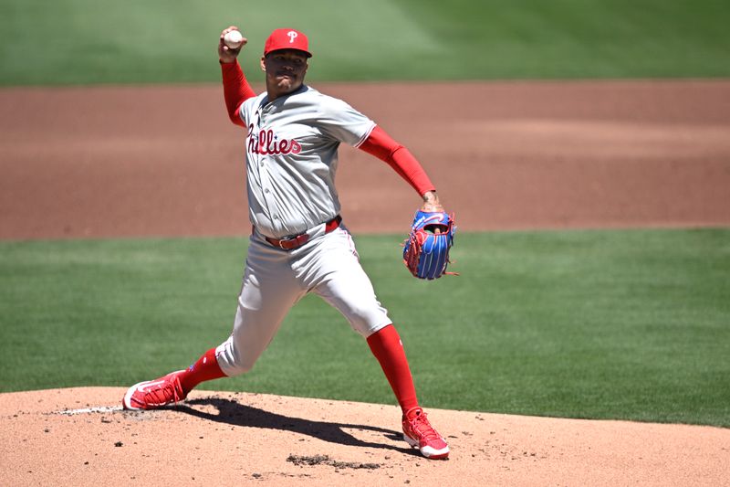 Apr 28, 2024; San Diego, California, USA; Philadelphia Phillies starting pitcher Taijuan Walker (99) throws a pitch against the San Diego Padres during the first inning at Petco Park. Mandatory Credit: Orlando Ramirez-USA TODAY Sports