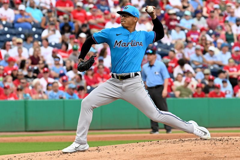 Mar 1, 2024; Clearwater, Florida, USA;  Miami Marlins  pitcher Jesus Luzardo (44) throws a pitch in the first inning of the spring training game against the Philadelphia Phillies at BayCare Ballpark. Mandatory Credit: Jonathan Dyer-USA TODAY Sports