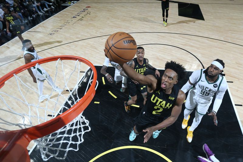 SALT LAKE CITY, UT - FEBRUARY 4: Colin Sexton #2 of the Utah Jazz drives to the basket during the game against the Milwaukee Bucks on February 4, 2024 at Delta Center in Salt Lake City, Utah. NOTE TO USER: User expressly acknowledges and agrees that, by downloading and or using this Photograph, User is consenting to the terms and conditions of the Getty Images License Agreement. Mandatory Copyright Notice: Copyright 2024 NBAE (Photo by Melissa Majchrzak/NBAE via Getty Images)