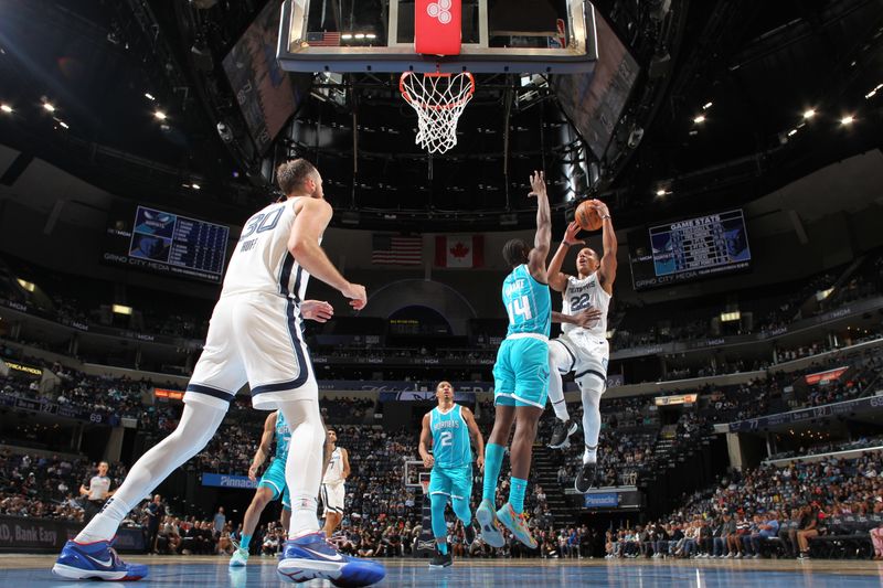 MEMPHIS, TN - OCTOBER 10: Desmond Bane #22 of the Memphis Grizzlies shoots the ball during the game against the Charlotte Hornets during a NBA Preseason game on October 10, 2024 at FedExForum in Memphis, Tennessee. NOTE TO USER: User expressly acknowledges and agrees that, by downloading and or using this photograph, User is consenting to the terms and conditions of the Getty Images License Agreement. Mandatory Copyright Notice: Copyright 2024 NBAE (Photo by Joe Murphy/NBAE via Getty Images)