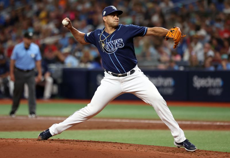 Jul 5, 2023; St. Petersburg, Florida, USA;  Tampa Bay Rays relief pitcher Yonny Chirinos (72) throws a pitch against the Philadelphia Phillies during the third inning at Tropicana Field. Mandatory Credit: Kim Klement-USA TODAY Sports