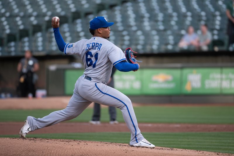 Aug 22, 2023; Oakland, California, USA; Kansas City Royals relief pitcher Angel Zerpa (61) throws a pitch during the first inning against the Oakland Athletics at Oakland-Alameda County Coliseum. Mandatory Credit: Ed Szczepanski-USA TODAY Sports