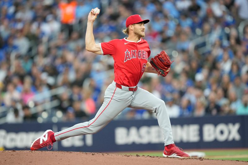 Aug 23, 2024; Toronto, Ontario, CAN; Los Angeles Angels starting pitcher Jack Kochanowicz (64) pitches to the Toronto Blue Jays during the second inning at Rogers Centre. Mandatory Credit: John E. Sokolowski-USA TODAY Sports