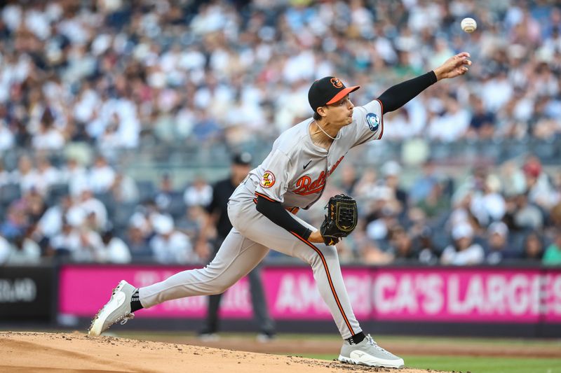 Jun 19, 2024; Bronx, New York, USA;  Baltimore Orioles starting pitcher Cade Povich (37) pitches in the first inning against the New York Yankees at Yankee Stadium. Mandatory Credit: Wendell Cruz-USA TODAY Sports