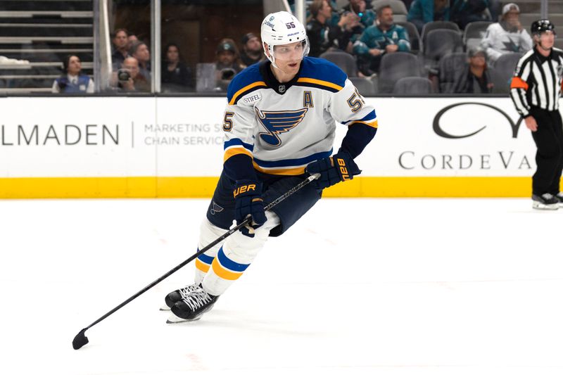 Oct 10, 2024; San Jose, California, USA;  St. Louis Blues defenseman Colton Parayko (55) during overtime against the San Jose Sharks at SAP Center at San Jose. Mandatory Credit: Stan Szeto-Imagn Images