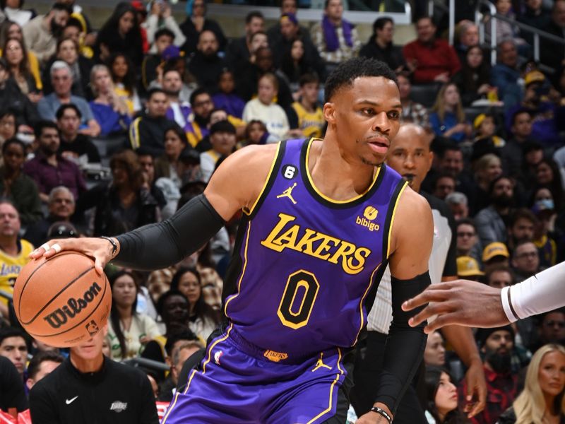 LOS ANGELES, CA - JANUARY 6: Russell Westbrook #0 of the Los Angeles Lakers handles the ball during the game against the Atlanta Hawks on January 6, 2023 at Crypto.Com Arena in Los Angeles, California. NOTE TO USER: User expressly acknowledges and agrees that, by downloading and/or using this Photograph, user is consenting to the terms and conditions of the Getty Images License Agreement. Mandatory Copyright Notice: Copyright 2023 NBAE (Photo by Andrew D. Bernstein/NBAE via Getty Images)