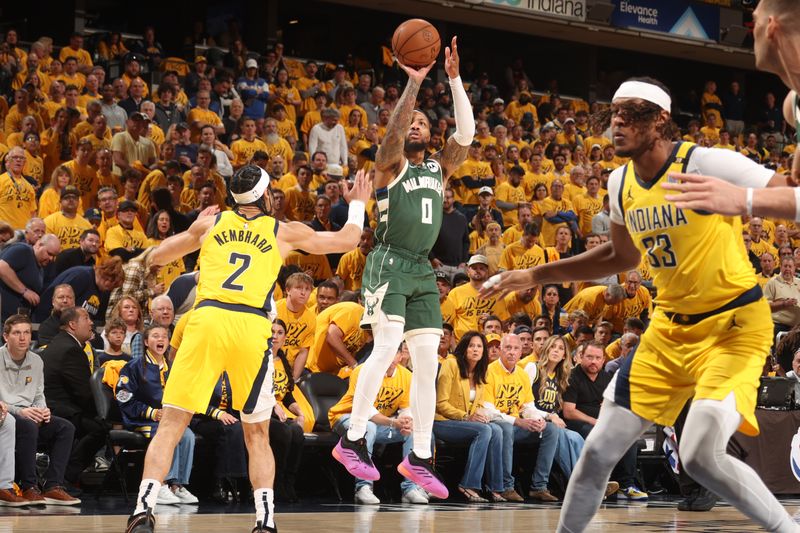 INDIANAPOLIS, IN - APRIL 26: Damian Lillard #0 of the Milwaukee Bucks shoots the ball during the game against the Indiana Pacers during Round 1 Game 3 of the 2024 NBA Playoffs on April 26, 2024 at Gainbridge Fieldhouse in Indianapolis, Indiana. NOTE TO USER: User expressly acknowledges and agrees that, by downloading and or using this Photograph, user is consenting to the terms and conditions of the Getty Images License Agreement. Mandatory Copyright Notice: Copyright 2023 NBAE (Photo by Nathaniel S. Butler/NBAE via Getty Images)