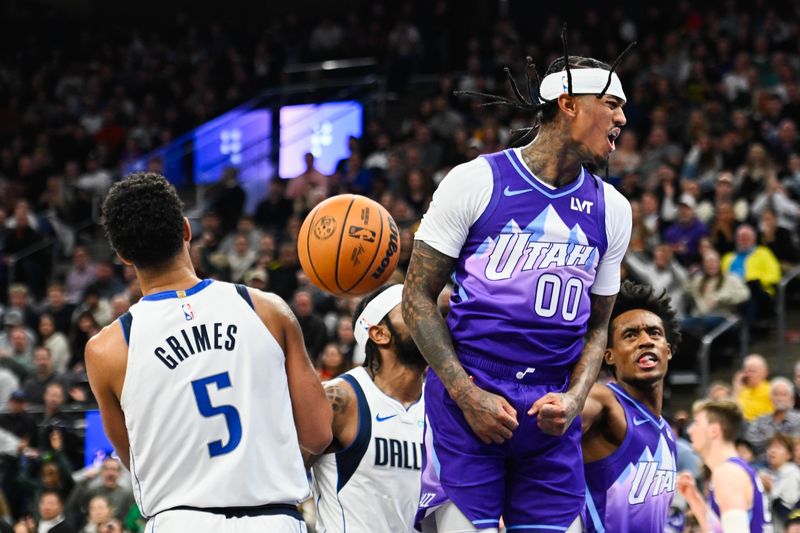 SALT LAKE CITY, UTAH - NOVEMBER 14: Jordan Clarkson #00 of the Utah Jazz celebrates a basket during the second half of a game against the Dallas Mavericks at Delta Center on November 14, 2024 in Salt Lake City, Utah. NOTE TO USER: User expressly acknowledges and agrees that, by downloading and or using this photograph, User is consenting to the terms and conditions of the Getty Images License Agreement.  (Photo by Alex Goodlett/Getty Images)