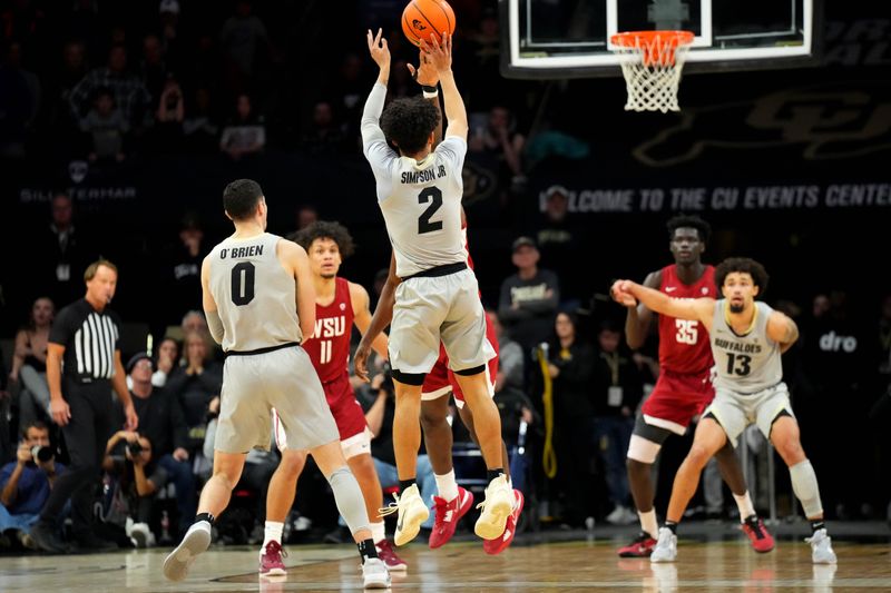 Jan 22, 2023; Boulder, Colorado, USA; Colorado Buffaloes guard KJ Simpson (2) shoots the ball in the second half against the Washington State Cougars at the CU Events Center. Mandatory Credit: Ron Chenoy-USA TODAY Sports