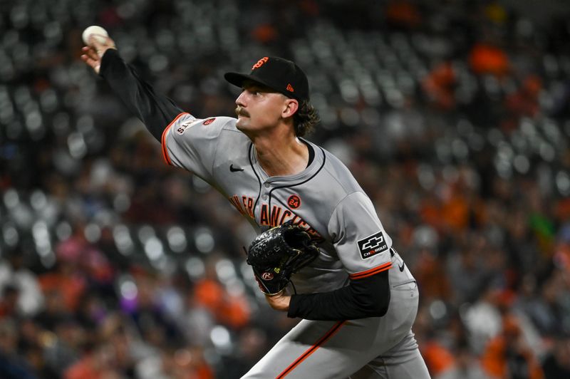 Sep 18, 2024; Baltimore, Maryland, USA;  San Francisco Giants pitcher Sean Hjelle (64) throws a eighth inning pitch against the Baltimore Orioles at Oriole Park at Camden Yards. Mandatory Credit: Tommy Gilligan-Imagn Images