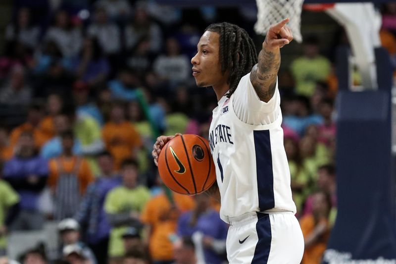 Jan 27, 2024; University Park, Pennsylvania, USA; Penn State Nittany Lions guard Ace Baldwin Jr (1) gestures while holding onto the ball during the first half against the Minnesota Golden Gophers at Bryce Jordan Center. Minnesota defeated Penn State 83-74. Mandatory Credit: Matthew O'Haren-USA TODAY Sports