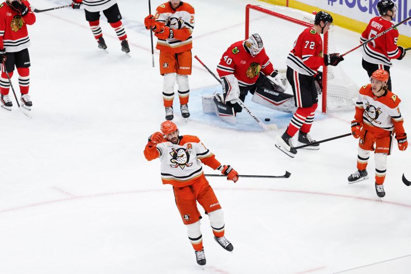 Nov 19, 2024; Chicago, Illinois, USA; Anaheim Ducks left wing Alex Killorn (17) reacts after scoring a goal against the Chicago Blackhawks during the third period at United Center. Mandatory Credit: Kamil Krzaczynski-Imagn Images