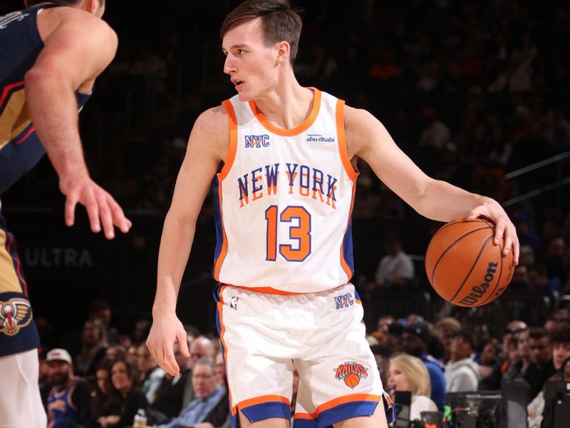 NEW YORK, NY - DECEMBER 1: Tyler Kolek #13 of the New York Knicks handles the ball during the game against the New Orleans Pelicans on December 1, 2024 at Madison Square Garden in New York City, New York.  NOTE TO USER: User expressly acknowledges and agrees that, by downloading and or using this photograph, User is consenting to the terms and conditions of the Getty Images License Agreement. Mandatory Copyright Notice: Copyright 2024 NBAE  (Photo by Nathaniel S. Butler/NBAE via Getty Images)