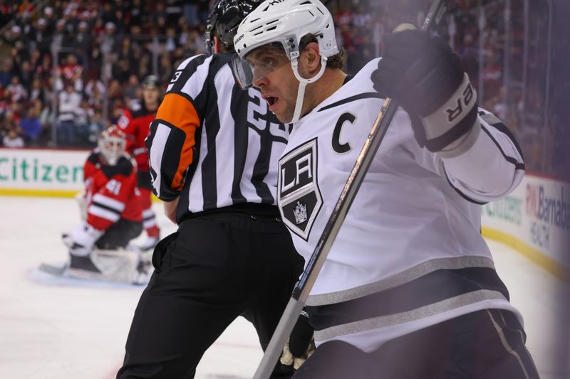 Feb 23, 2023; Newark, New Jersey, USA; Los Angeles Kings center Anze Kopitar (11) celebrates his goal against the New Jersey Devils during the first period at Prudential Center. Mandatory Credit: Ed Mulholland-USA TODAY Sports