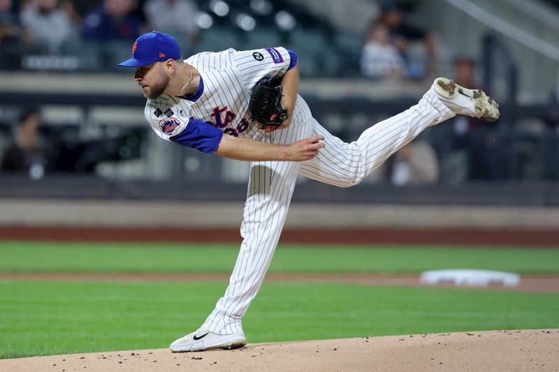 Sep 17, 2024; New York City, New York, USA; New York Mets starting pitcher Tylor Megill (38) follows through on a pitch against Washington Nationals during the first inning at Citi Field. Mandatory Credit: Brad Penner-Imagn Images