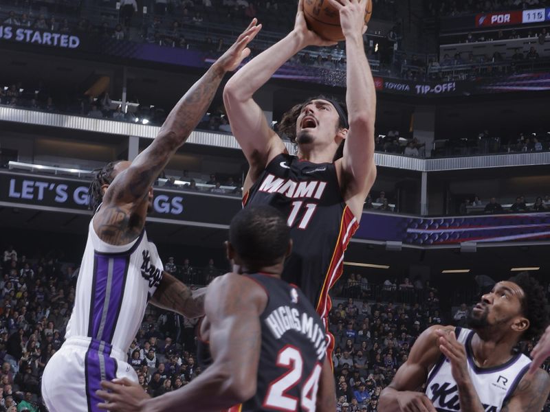 SACRAMENTO, CA - JANUARY 6: Jaime Jaquez Jr. #11 of the Miami Heat drives to the basket during the game against the Sacramento Kings on January 6, 2025 at Golden 1 Center in Sacramento, California. NOTE TO USER: User expressly acknowledges and agrees that, by downloading and or using this Photograph, user is consenting to the terms and conditions of the Getty Images License Agreement. Mandatory Copyright Notice: Copyright 2025 NBAE (Photo by Rocky Widner/NBAE via Getty Images)