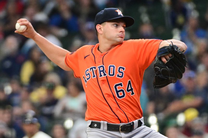 May 24, 2023; Milwaukee, Wisconsin, USA; Houston Astros pitcher Brandon Bielak (64) pitches against the Milwaukee Brewers in the first inning at American Family Field. Mandatory Credit: Benny Sieu-USA TODAY Sports