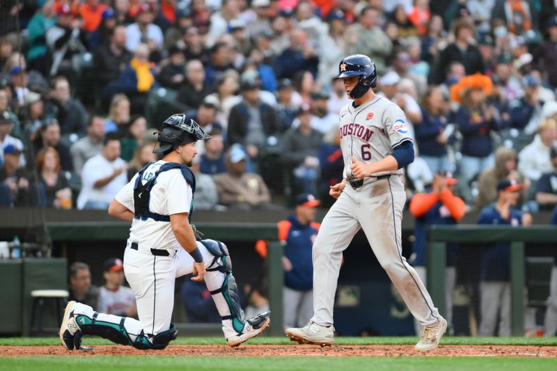 May 27, 2024; Seattle, Washington, USA; Houston Astros center fielder Jake Meyers (6) scores a run against the Seattle Mariners during the fifth inning at T-Mobile Park. Mandatory Credit: Steven Bisig-USA TODAY Sports