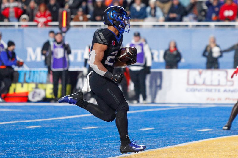 Nov 11, 2023; Boise, Idaho, USA;  Boise State Broncos running back George Holani (24) scores a touchdown during the first half against the New Mexico Lobos at Albertsons Stadium. Mandatory Credit: Brian Losness-USA TODAY Sports




