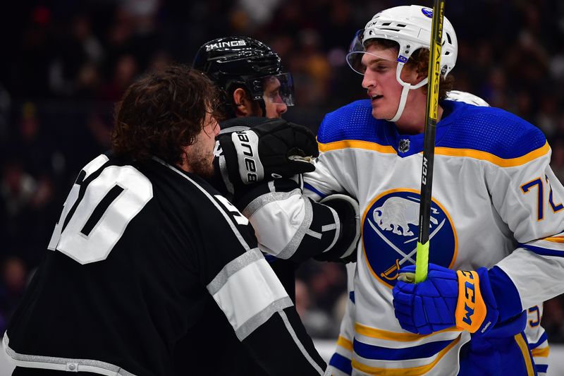 Feb 13, 2023; Los Angeles, California, USA; Buffalo Sabres center Tage Thompson (72) confronts Los Angeles Kings defenseman Sean Durzi (50) during the third period at Crypto.com Arena. Mandatory Credit: Gary A. Vasquez-USA TODAY Sports