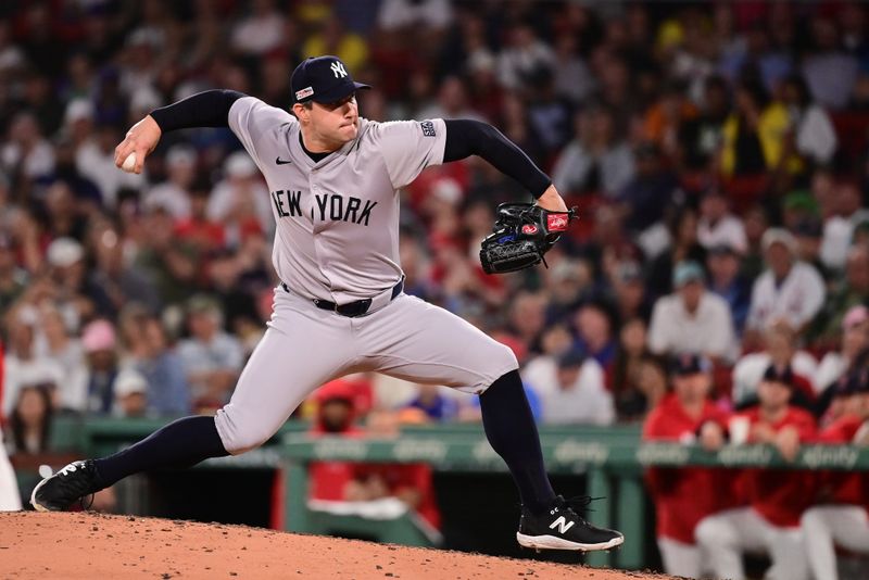 Jun 14, 2024; Boston, Massachusetts, USA; New York Yankees pitcher Tommy Kahnle (41) pitches against the Boston Red Sox during the sixth inning at Fenway Park. Mandatory Credit: Eric Canha-USA TODAY Sports