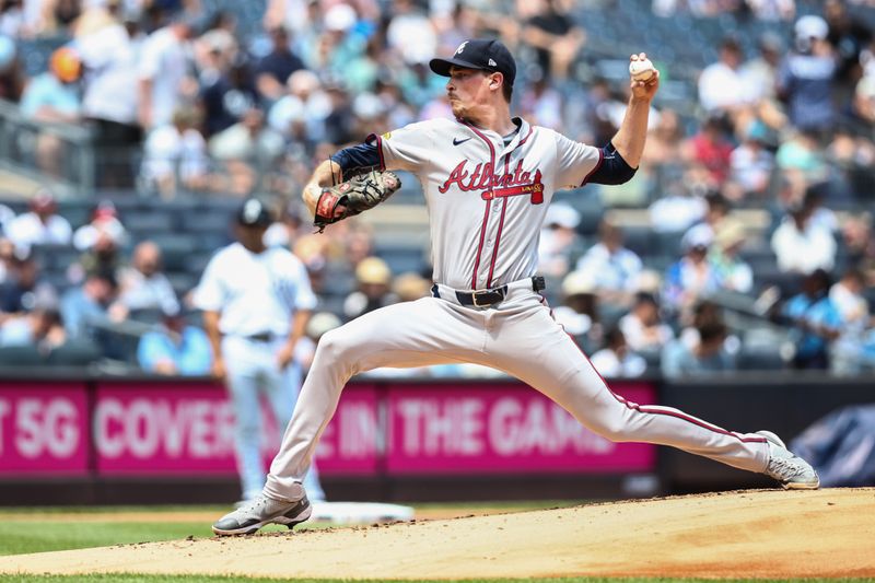 Jun 23, 2024; Bronx, New York, USA;  Atlanta Braves starting pitcher Max Fried (54) pitches in the first inning against the New York Yankees at Yankee Stadium. Mandatory Credit: Wendell Cruz-USA TODAY Sports