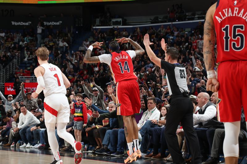 NEW ORLEANS, LA - FEBRUARY 5: Brandon Ingram #14 of the New Orleans Pelicans celebrates a three point basket during the game against the Toronto Raptors on February 5, 2024 at the Smoothie King Center in New Orleans, Louisiana. NOTE TO USER: User expressly acknowledges and agrees that, by downloading and or using this Photograph, user is consenting to the terms and conditions of the Getty Images License Agreement. Mandatory Copyright Notice: Copyright 2024 NBAE (Photo by Layne Murdoch Jr./NBAE via Getty Images)