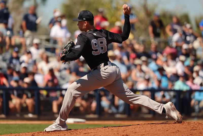 Feb 27, 2024; Port Charlotte, Florida, USA;  New York Yankees pitcher Will Warren (98) throws a pitch during the third inning against the Tampa Bay Rays at Charlotte Sports Park. Mandatory Credit: Kim Klement Neitzel-USA TODAY Sports