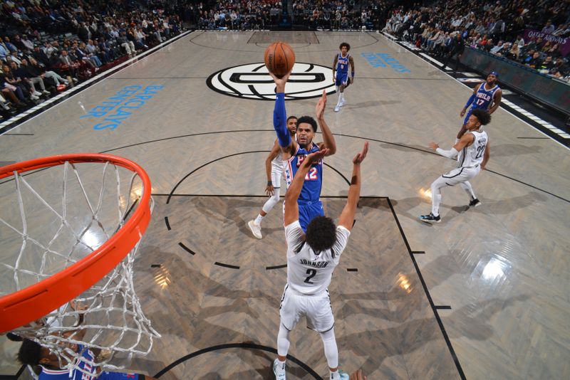 BROOKLYN, NY - MARCH 5: Tobias Harris #12 of the Philadelphia 76ers shoots the ball during the game against the Brooklyn Nets on March 5, 2024 at Barclays Center in Brooklyn, New York. NOTE TO USER: User expressly acknowledges and agrees that, by downloading and or using this Photograph, user is consenting to the terms and conditions of the Getty Images License Agreement. Mandatory Copyright Notice: Copyright 2024 NBAE (Photo by Jesse D. Garrabrant/NBAE via Getty Images)