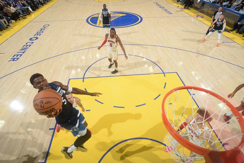 SAN FRANCISCO, CA - DECEMBER 8:  Anthony Edwards #5 of the Minnesota Timberwolves shoots the ball during the game against the Golden State Warriors during a regular season game on December 8, 2024 at Chase Center in San Francisco, California. NOTE TO USER: User expressly acknowledges and agrees that, by downloading and or using this photograph, user is consenting to the terms and conditions of Getty Images License Agreement. Mandatory Copyright Notice: Copyright 2024 NBAE (Photo by Noah Graham/NBAE via Getty Images)